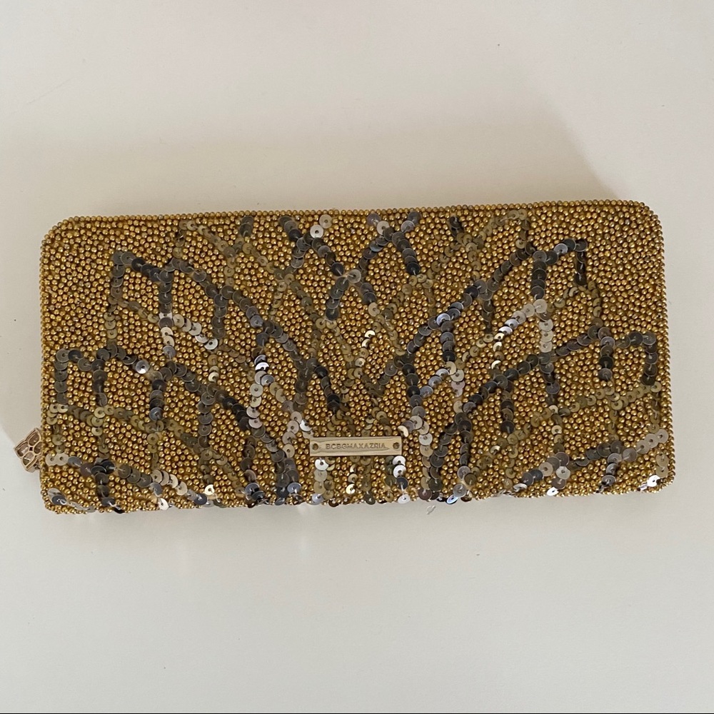 NWT BCBGMAXAZRIA Gold Beaded Sequin Clutch